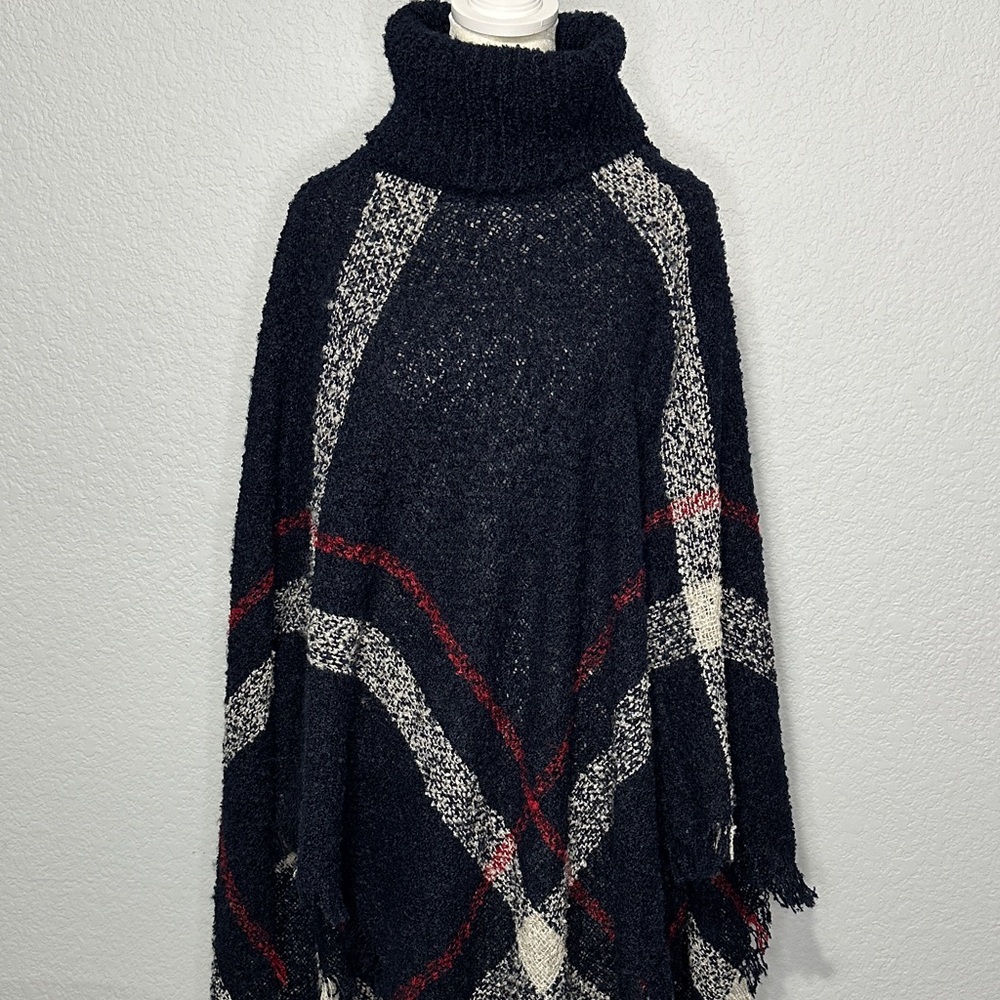 Plaid Turtleneck Poncho Navy White Red OSFM